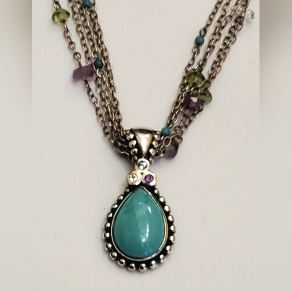 .925 STERLING SILVER 4 STRAND CHAIN WITH STONES AND TURQUOISE PENDANT W/ ACCENTS - Picture 3 of 13